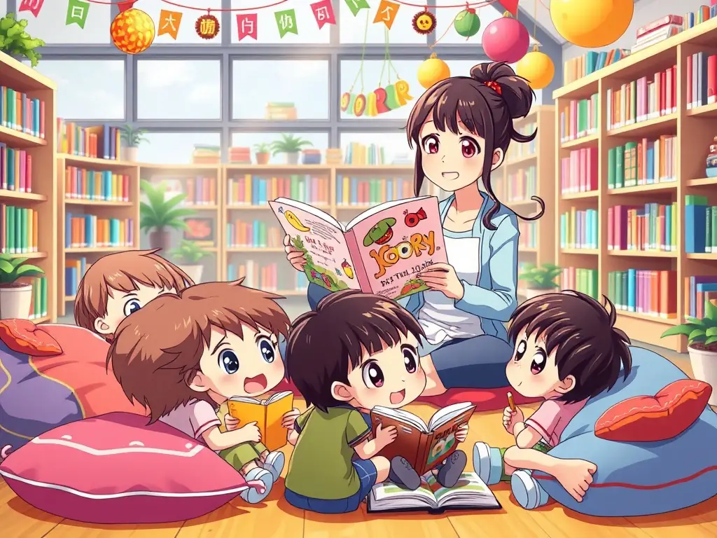 A vibrant image showcasing children participating in a storytelling session at one of the community libraries, with a librarian engaging them with a book.