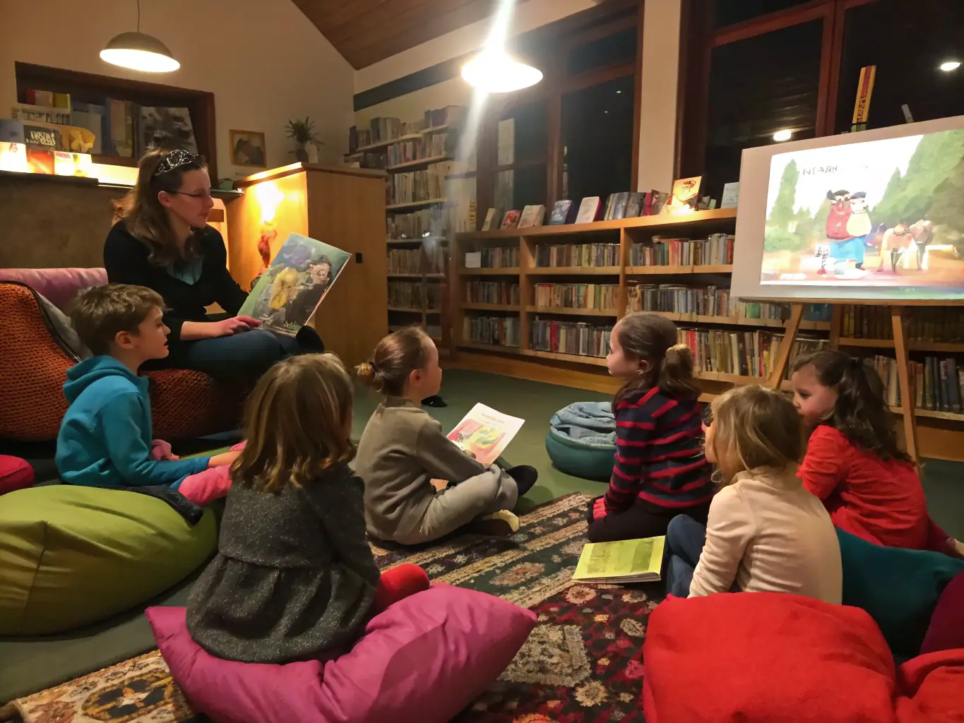 A vibrant library scene with children and adults engaging with books and educational games in a welcoming environment, showcasing the community libraries and ludothèques program.