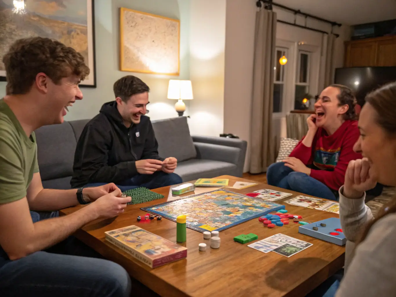 An image depicting a group of adults playing board games at a ludothèque, highlighting the social interaction and fun atmosphere.