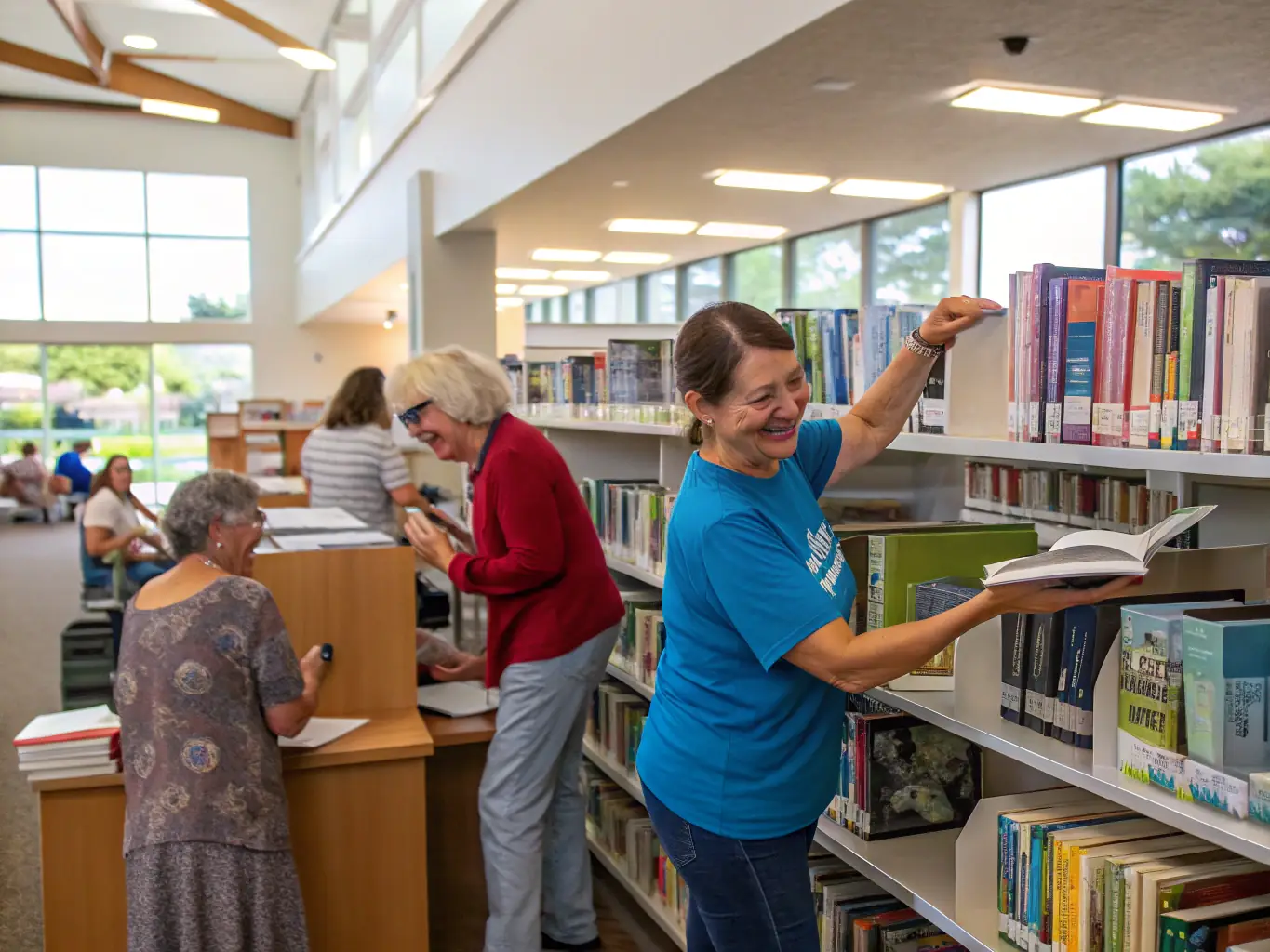 A group of volunteers assisting in organizing books and resources at one of CULTURE ET BIBLIOTHEQUES POUR TOUS's libraries, highlighting the support and dedication behind the organization's programs.