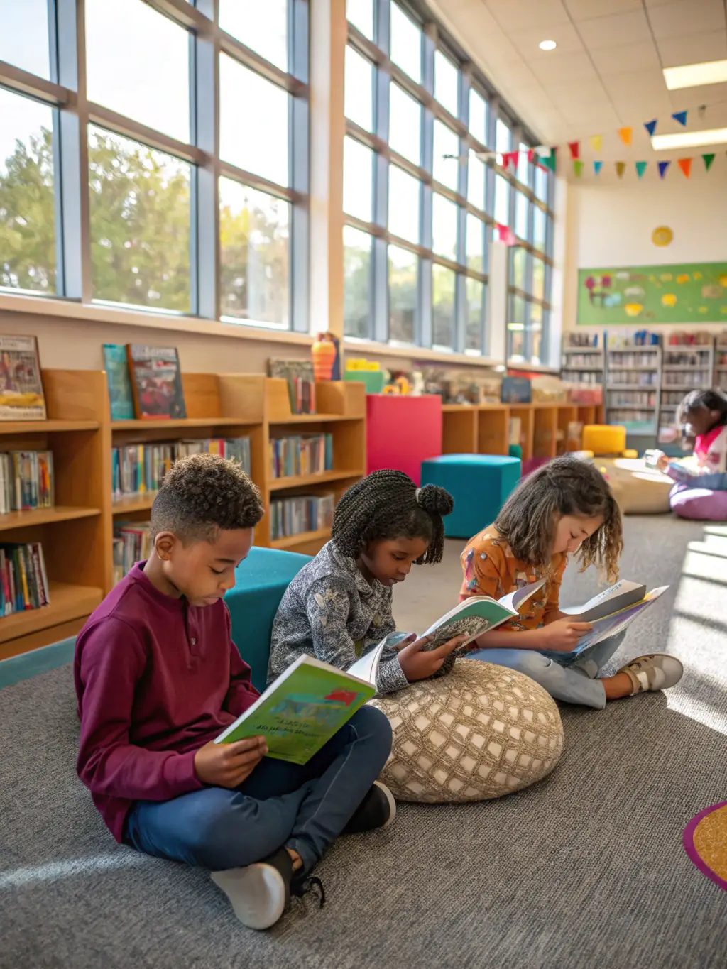 A photograph capturing the joy of children discovering new books in a CULTURE ET BIBLIOTHEQUES POUR TOUS library, highlighting the organization's commitment to fostering literacy.
