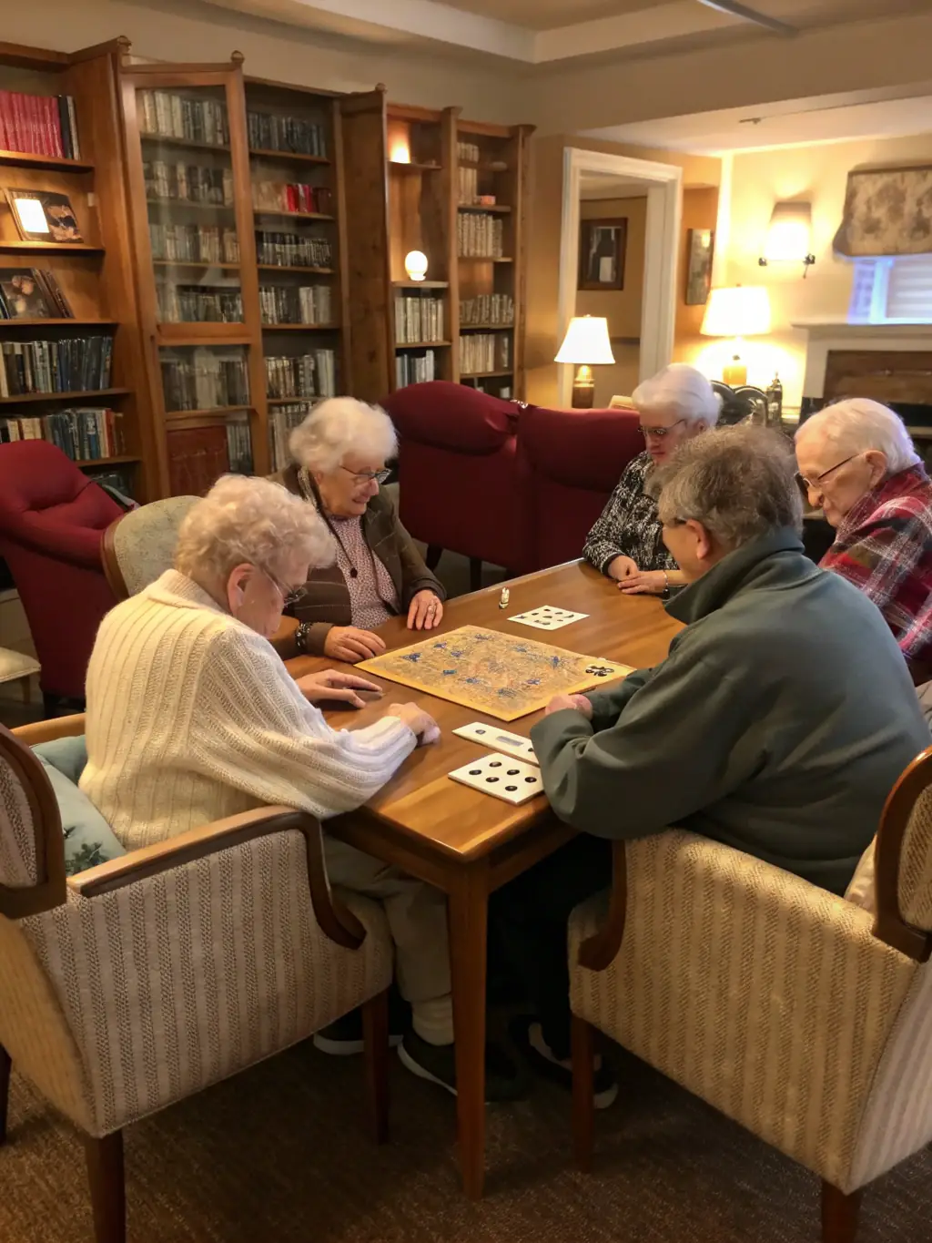 A group of seniors participating in a game session at a CULTURE ET BIBLIOTHEQUES POUR TOUS ludothèque, showcasing the organization's role in promoting social interaction.
